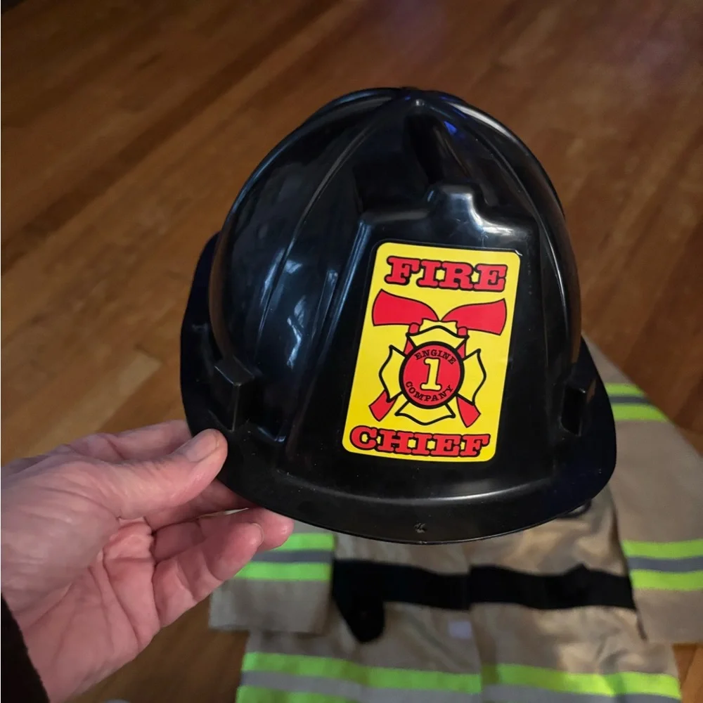 Rubie's Tan and Neon Yellow Firefighter Jacket with Black Helmet - Picture 2 of 5